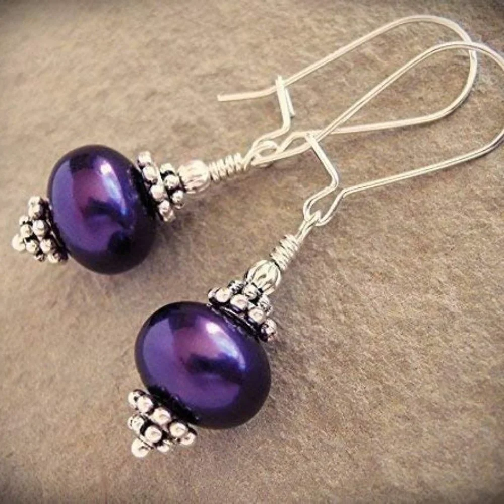 Purple Pearl Earrings Japanese Glass Sterling Silver - Picture 2 of 7
